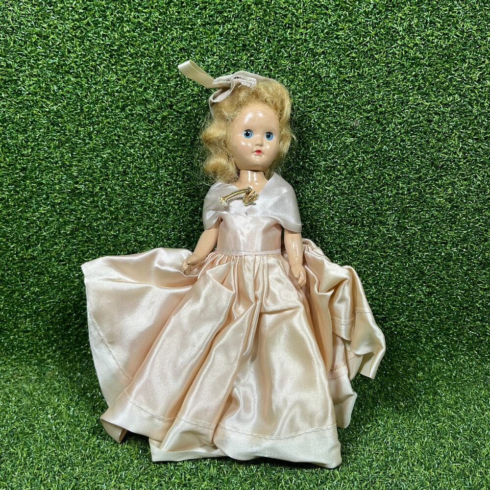 Vintage 1950s Hard Plastic Doll 8" Sleep Eyes Blonde Satin Gown Bonnet